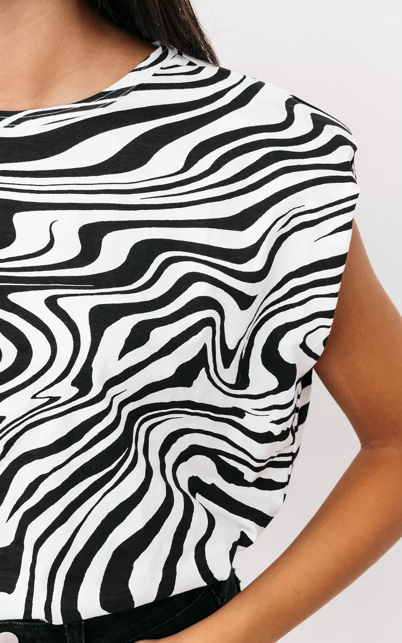 Zebraprint top met schoudervulling Zwart Wit