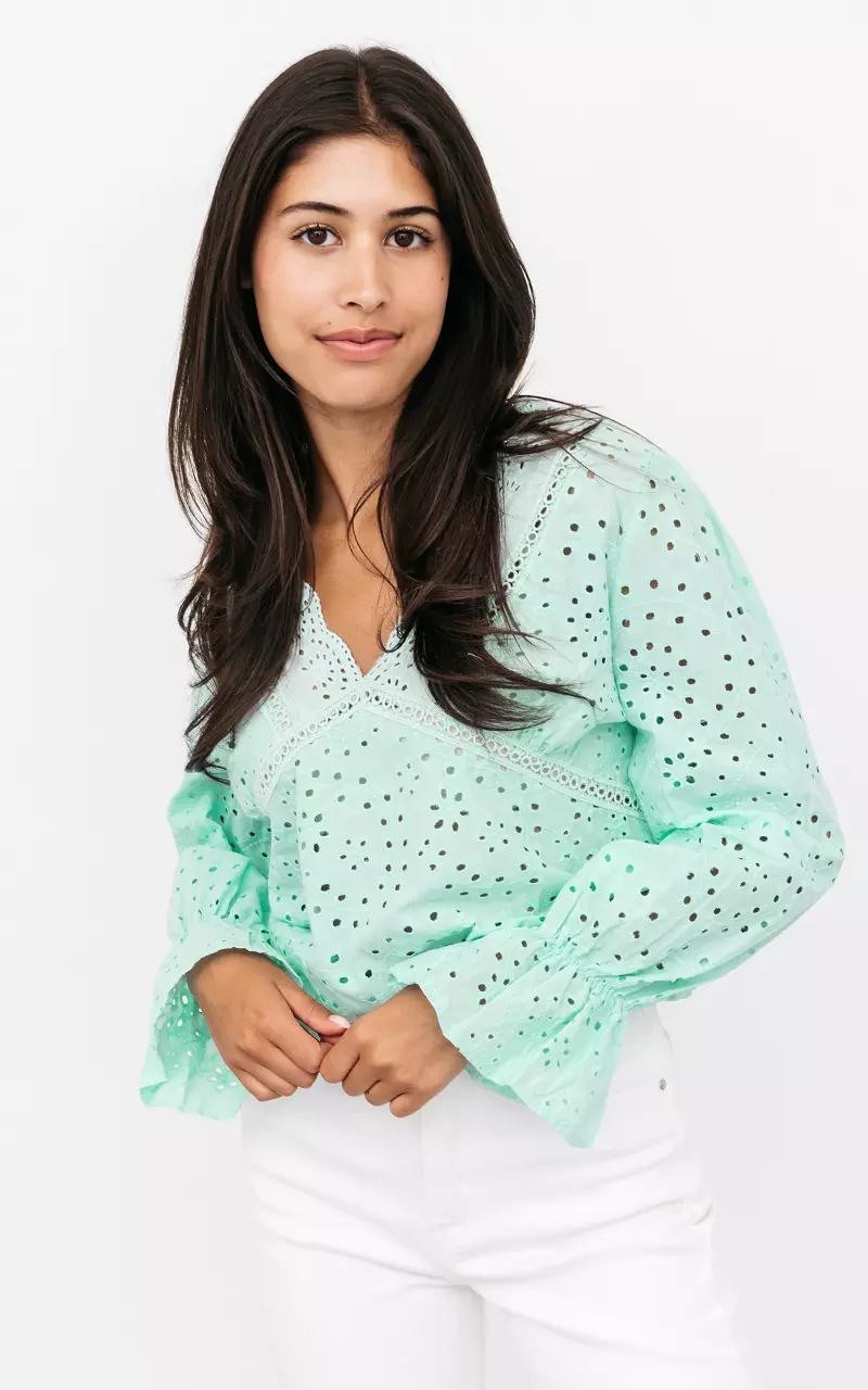 Embroidered top with v-neck Aqua