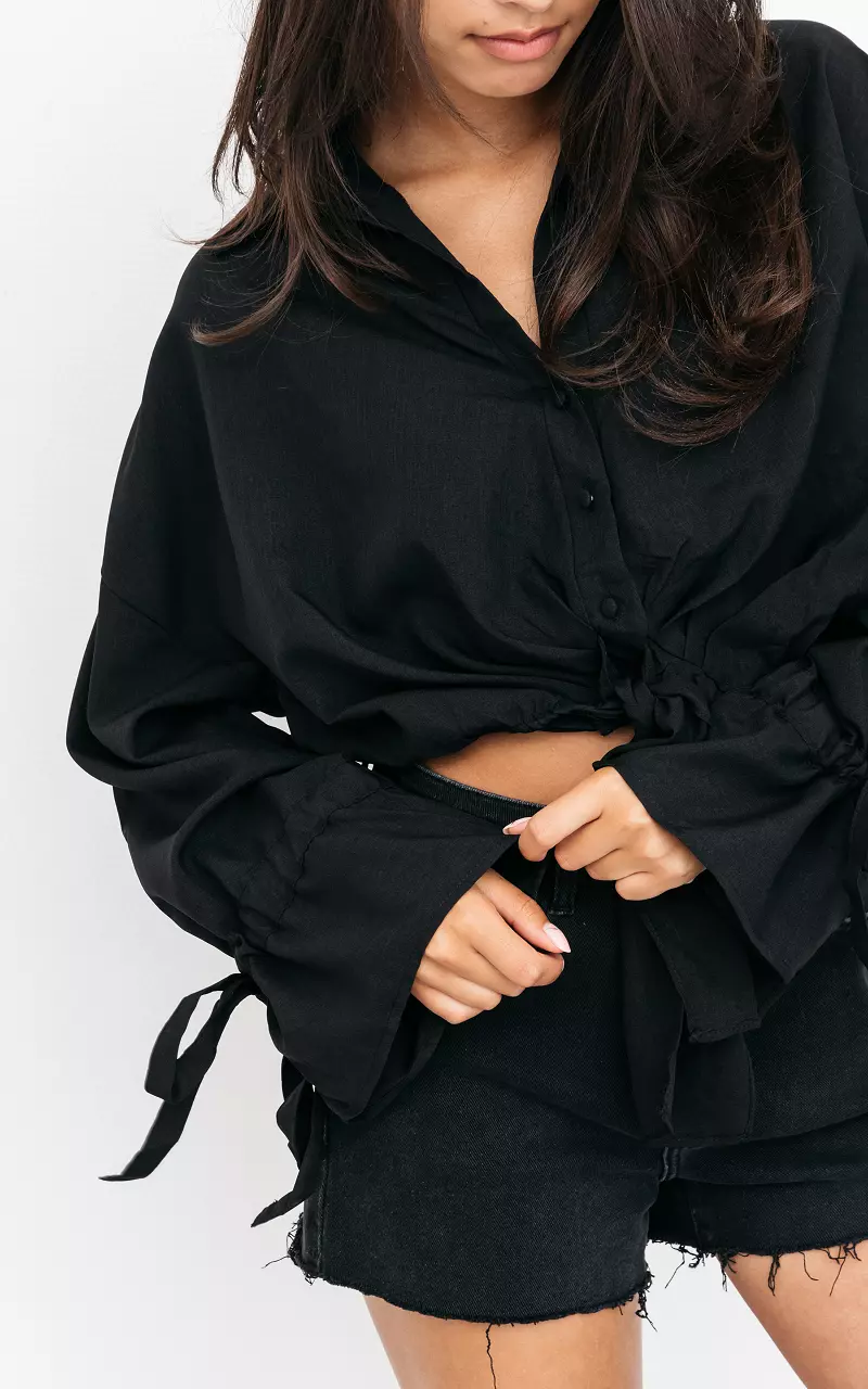 Cropped blouse with waist tie Black