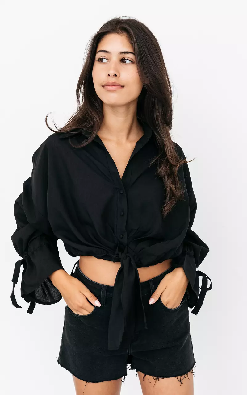 Cropped blouse with waist tie Black