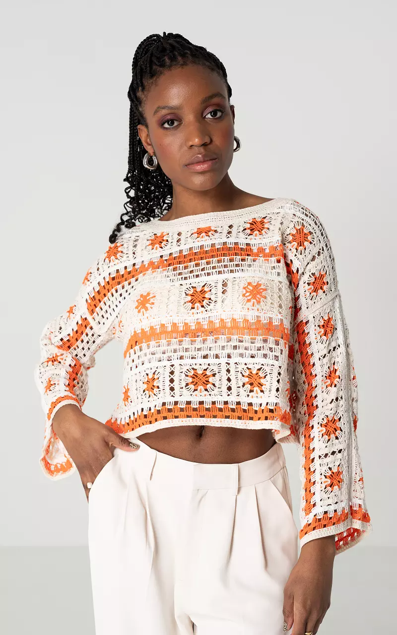 Crochet crop top with round neck Beige Orange