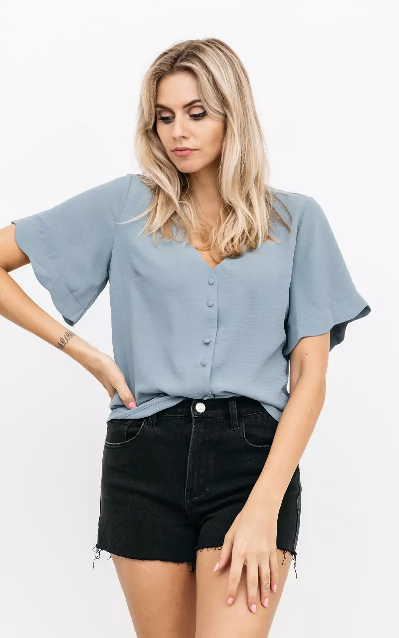 V-hals blouse met korte mouwen Blauw