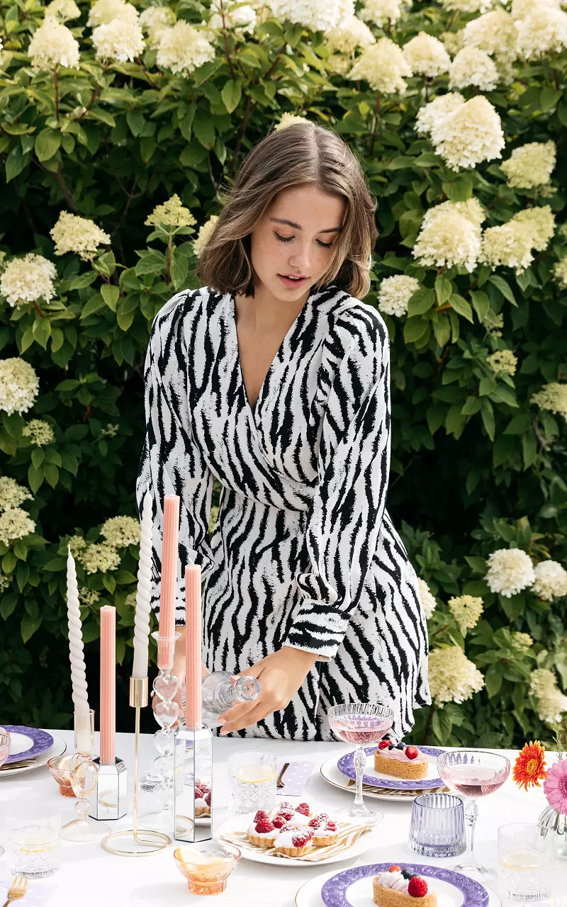 Wickel-Kleid mit Zebra Print Schwarz Creme