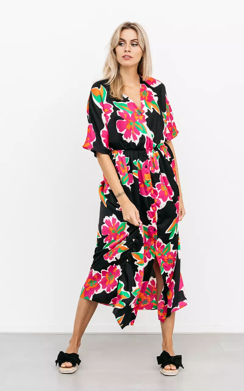 Maxi Kleid mit floralem Muster Schwarz Pink