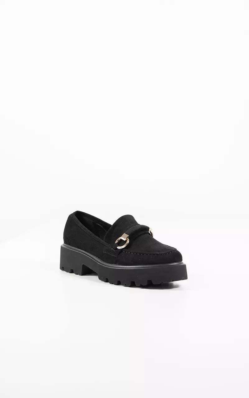 Suede look loafers with gold-coloured details Black