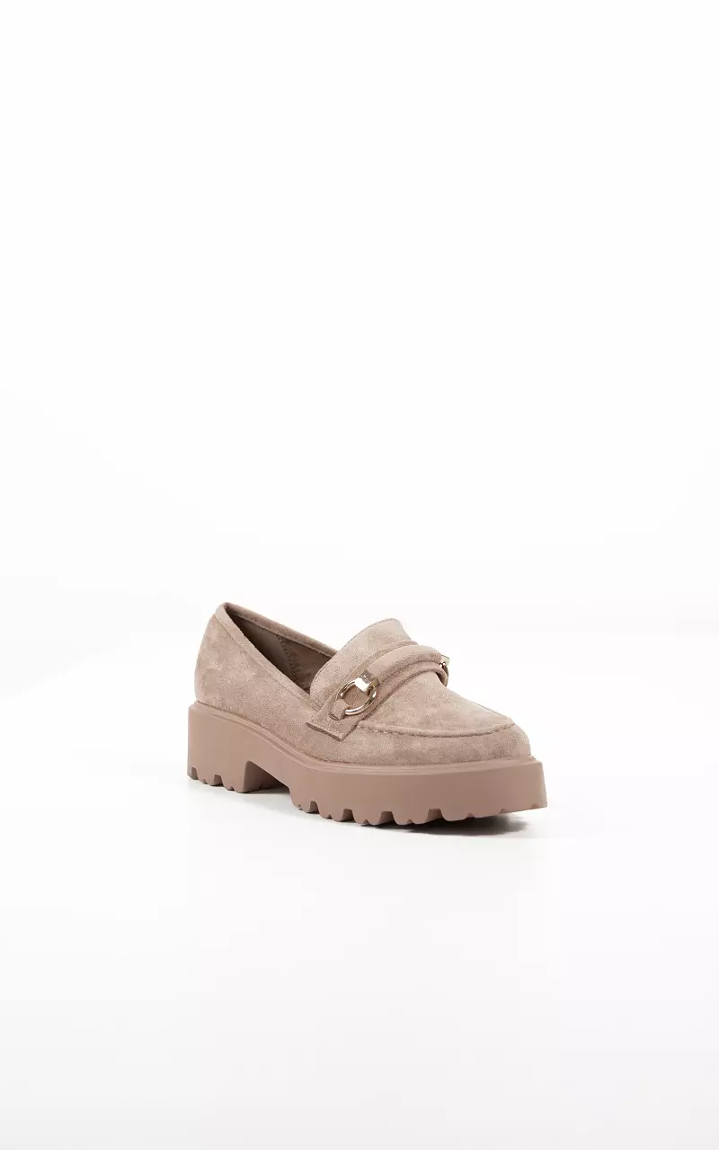 Suede look loafers with gold-coloured details Taupe