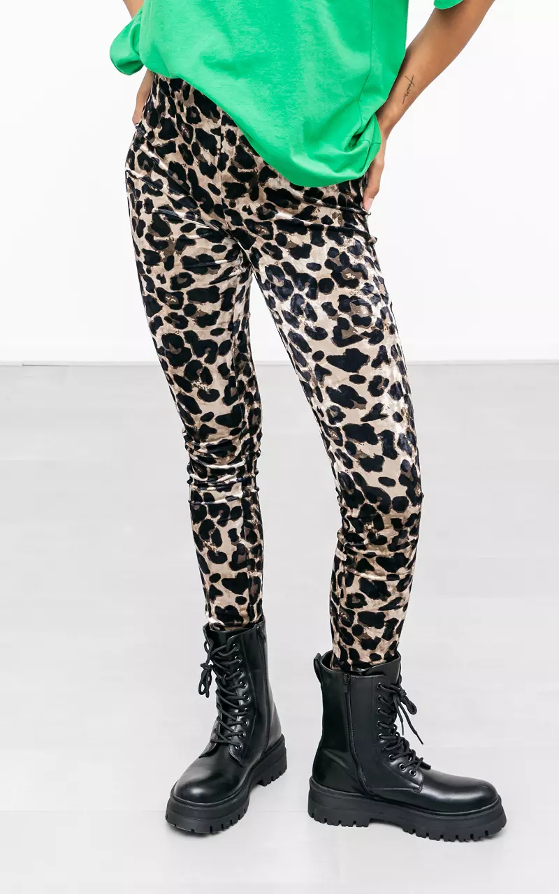 Velvet look broek met elastieken band Leopard