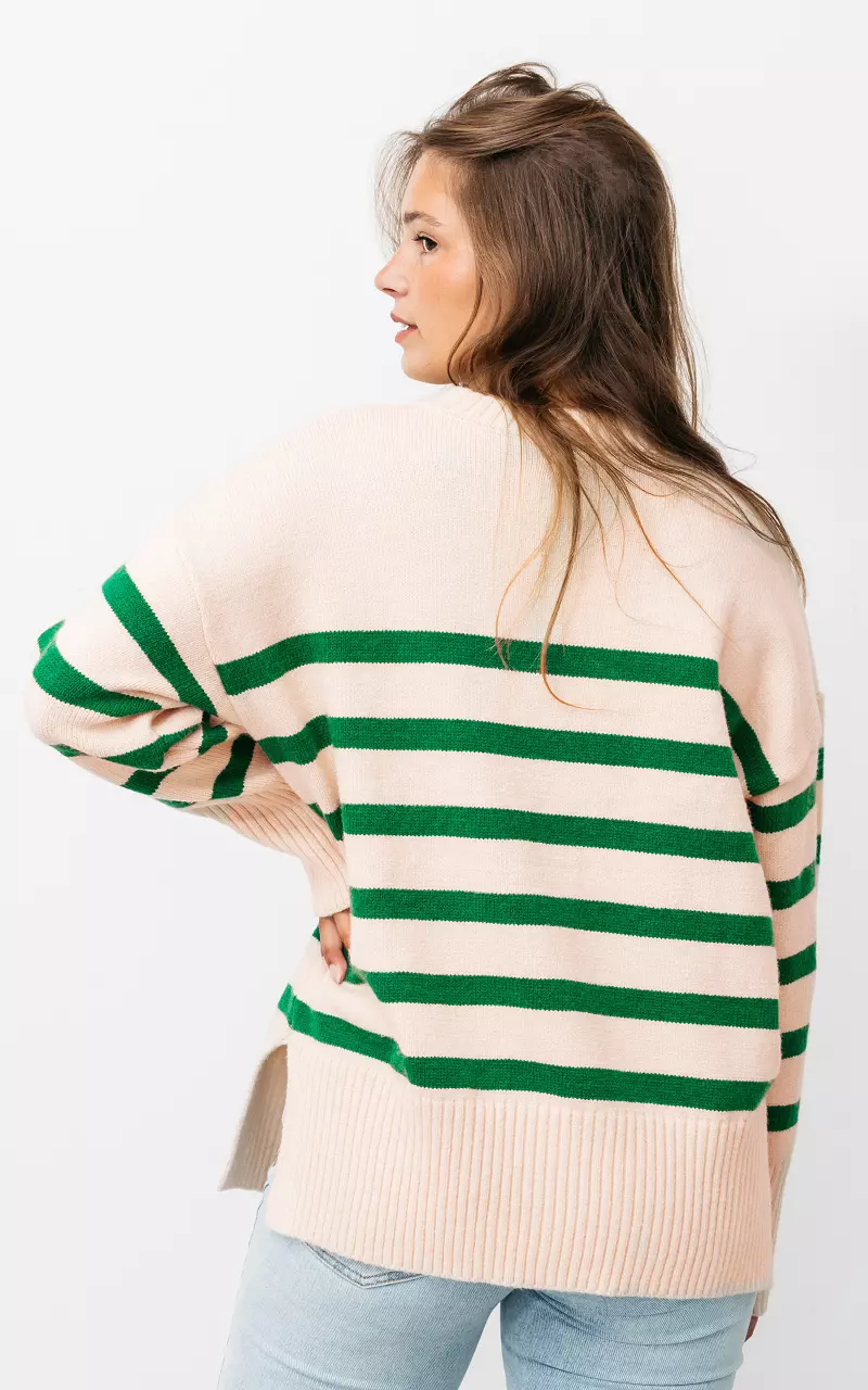 Round neck sweater with stripes Cream Green