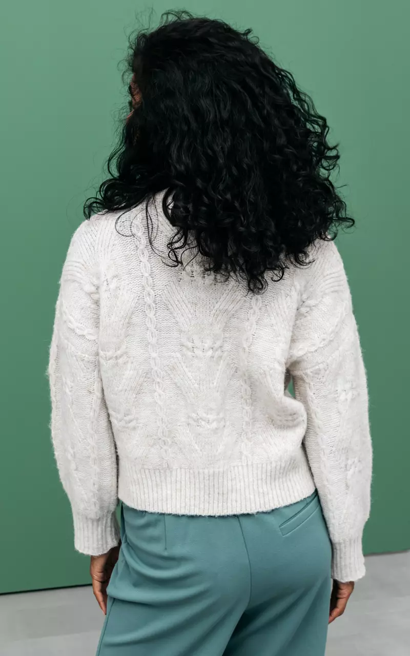 Cable-knit sweater with round neck Beige