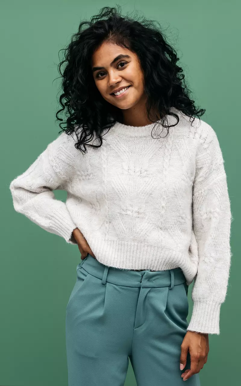 Cable-knit sweater with round neck Beige