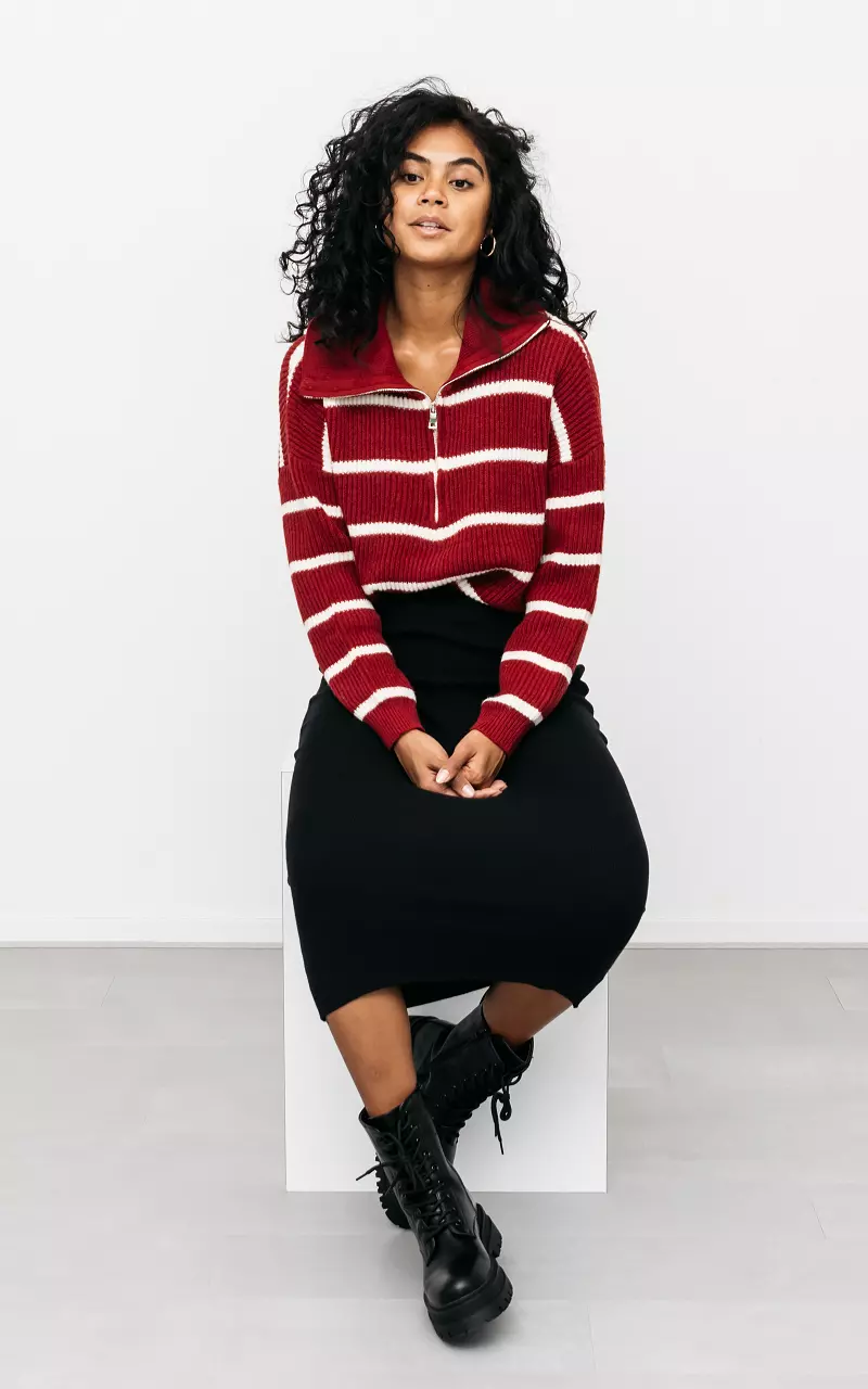 Turtleneck sweater with half zip Red White