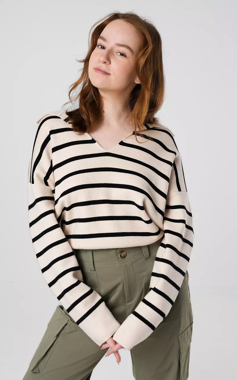 Striped sweater with collar Beige Black