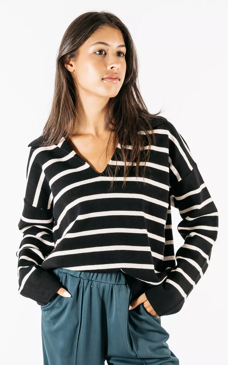 Striped sweater with collar Black Beige