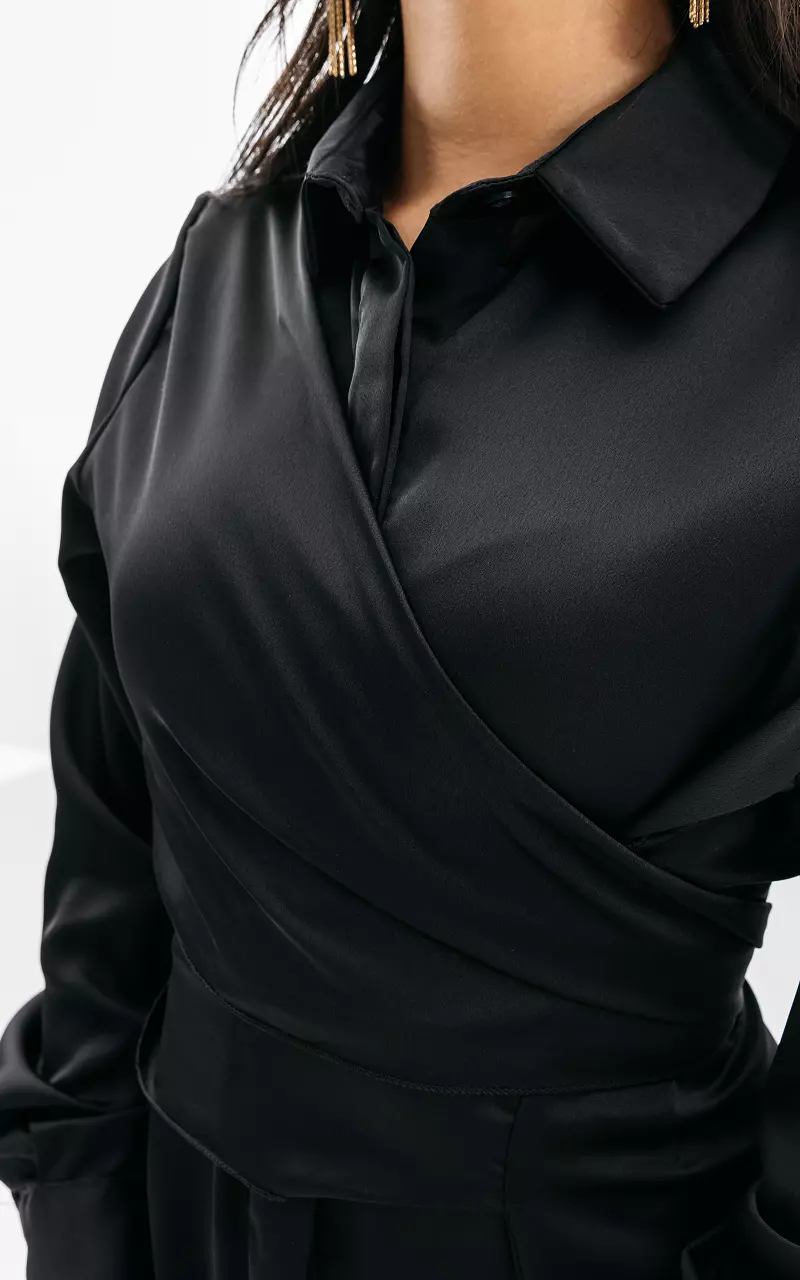 Satin-look dress with waist tie Black