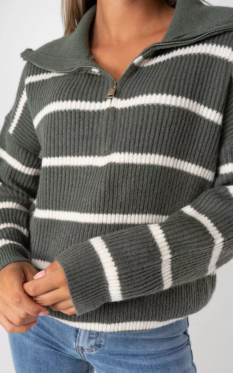 Gestreifter Pullover mit Reißverschluss Grün Weiß