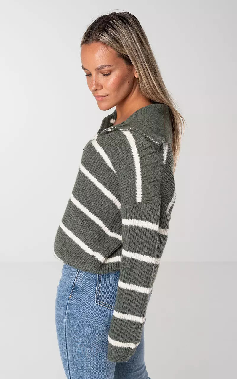 Turtleneck sweater with half zip Green White