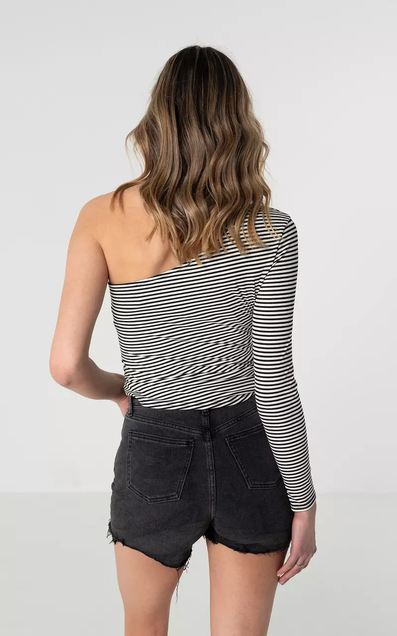 One shoulder top met streepjespatroon Zwart Wit