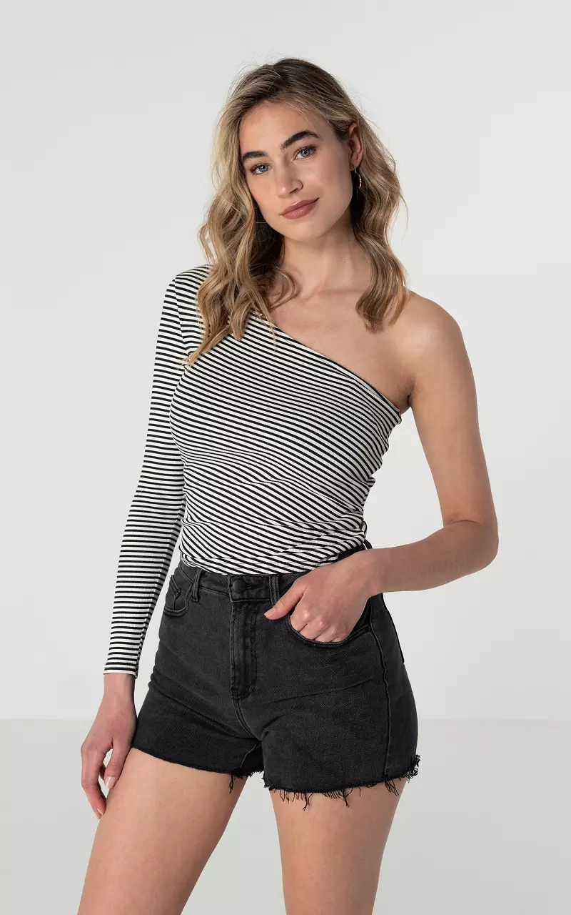 One-shoulder top with striped pattern Black White