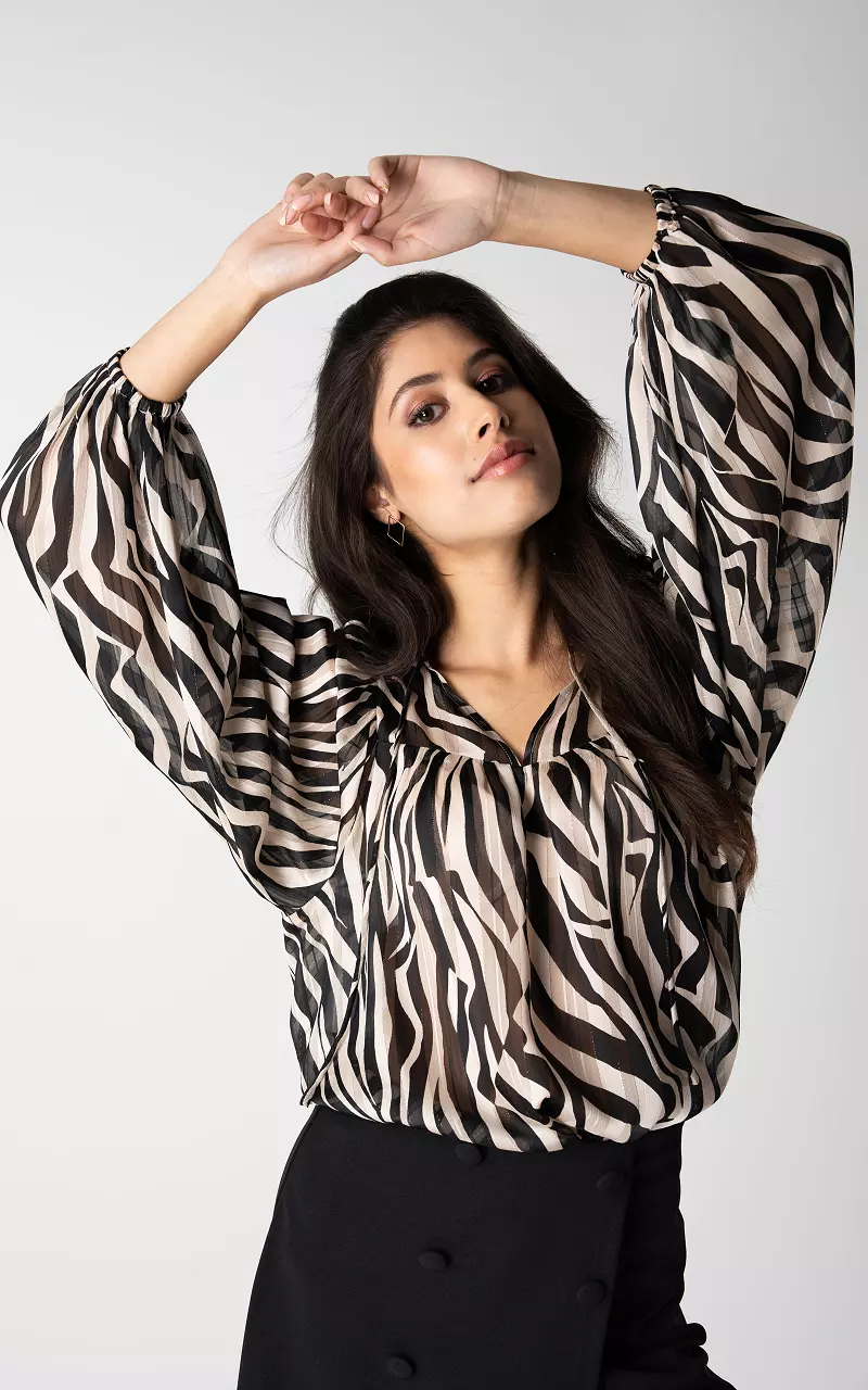 Zebra print blouse met pofmouwen Zwart Wit