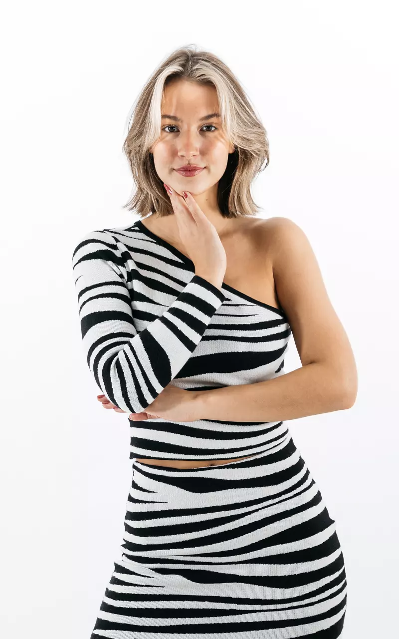 One shoulder top met zebra print Zwart Wit