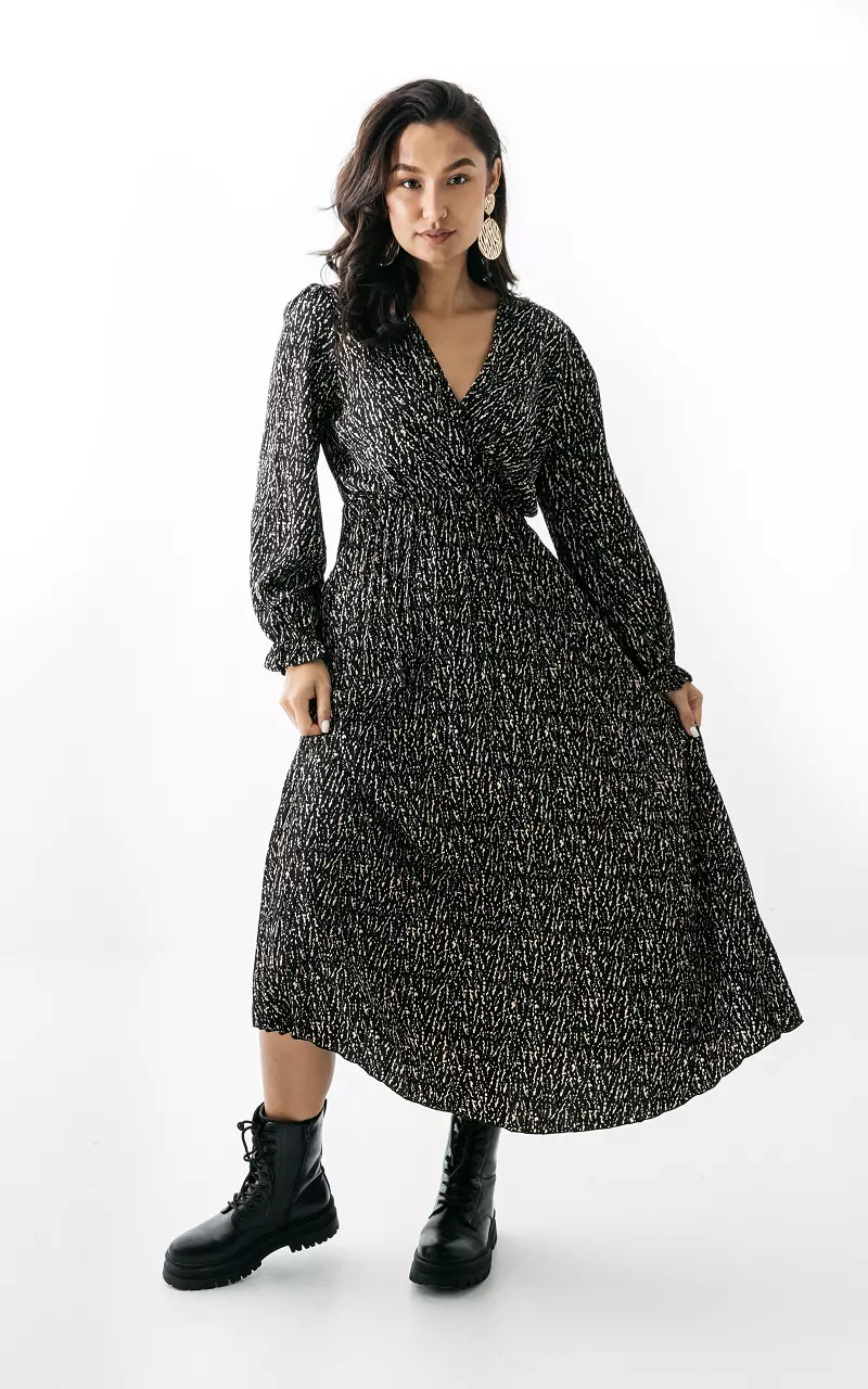 Pleated dress with v-neck Black Cream