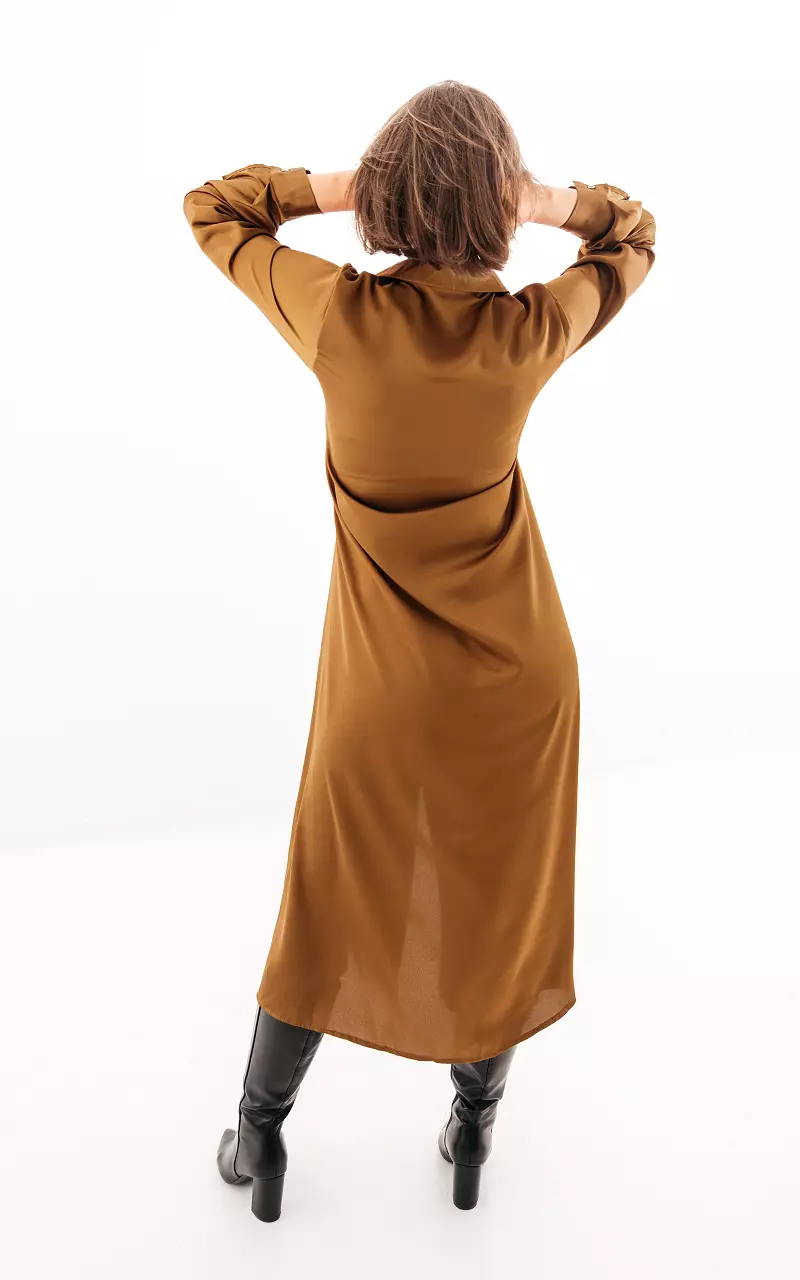 Satin-look dress with waist tie Brown