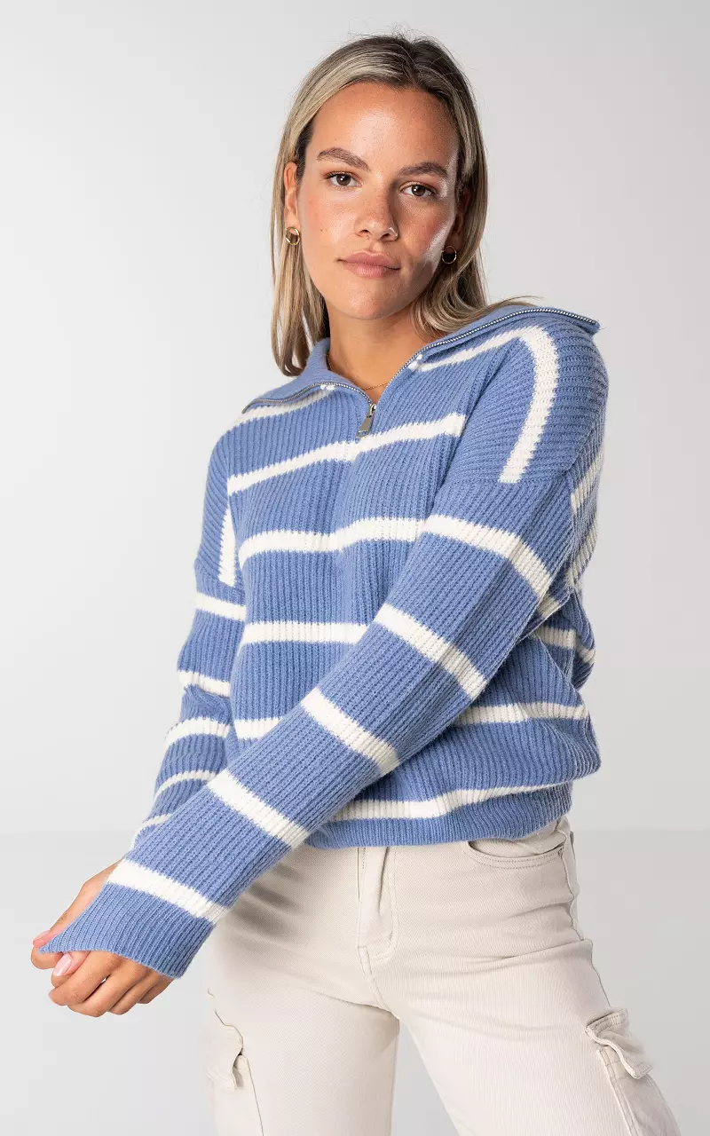 Gestreifter Pullover mit Reißverschluss Blau Weiß