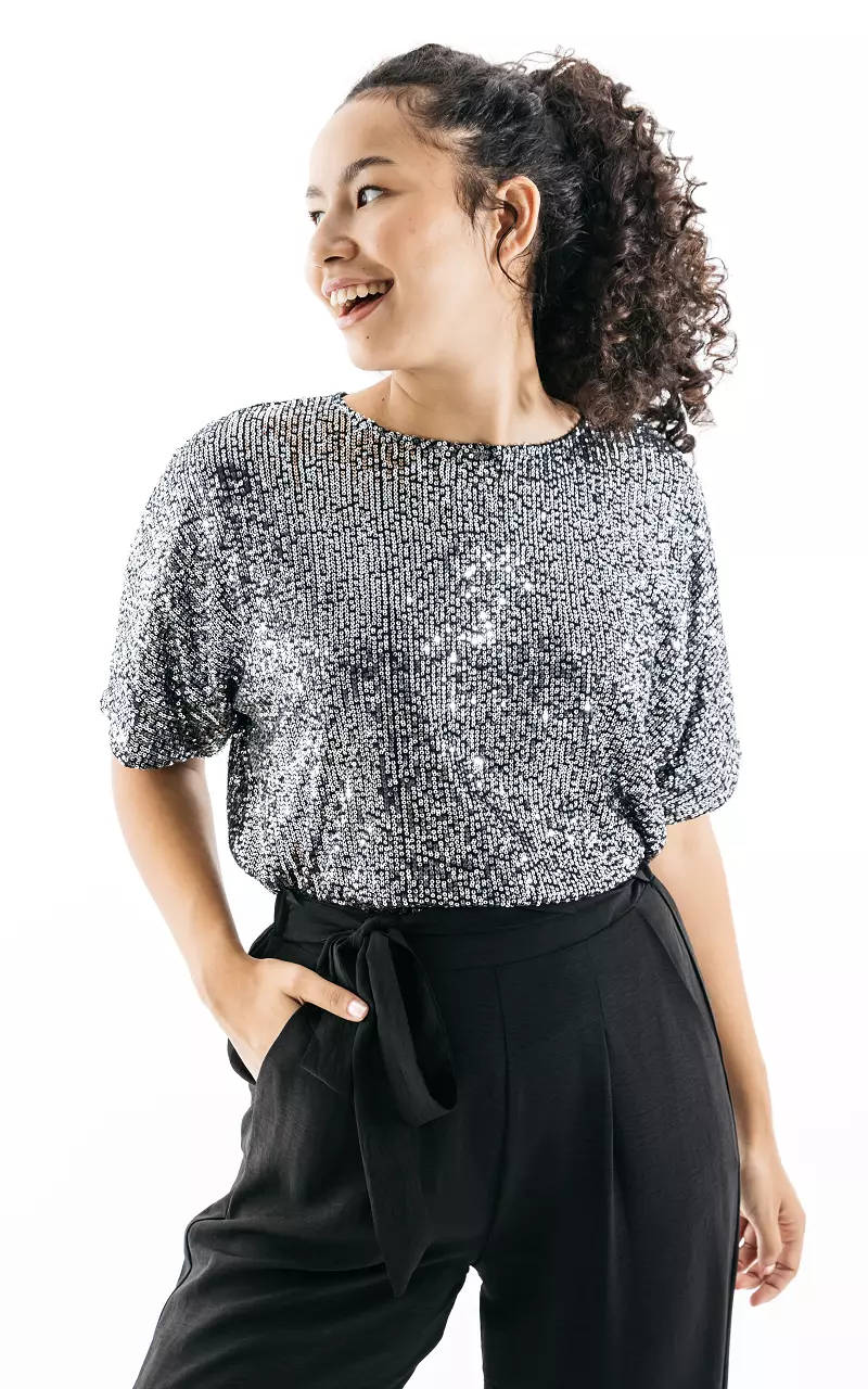 Sequin top with round neck Silver