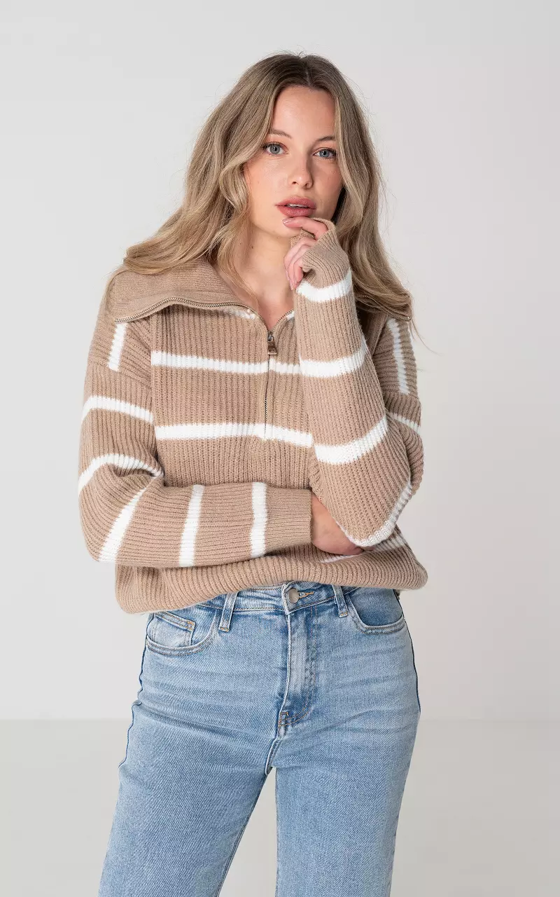 Turtleneck sweater with half zip Light Brown White