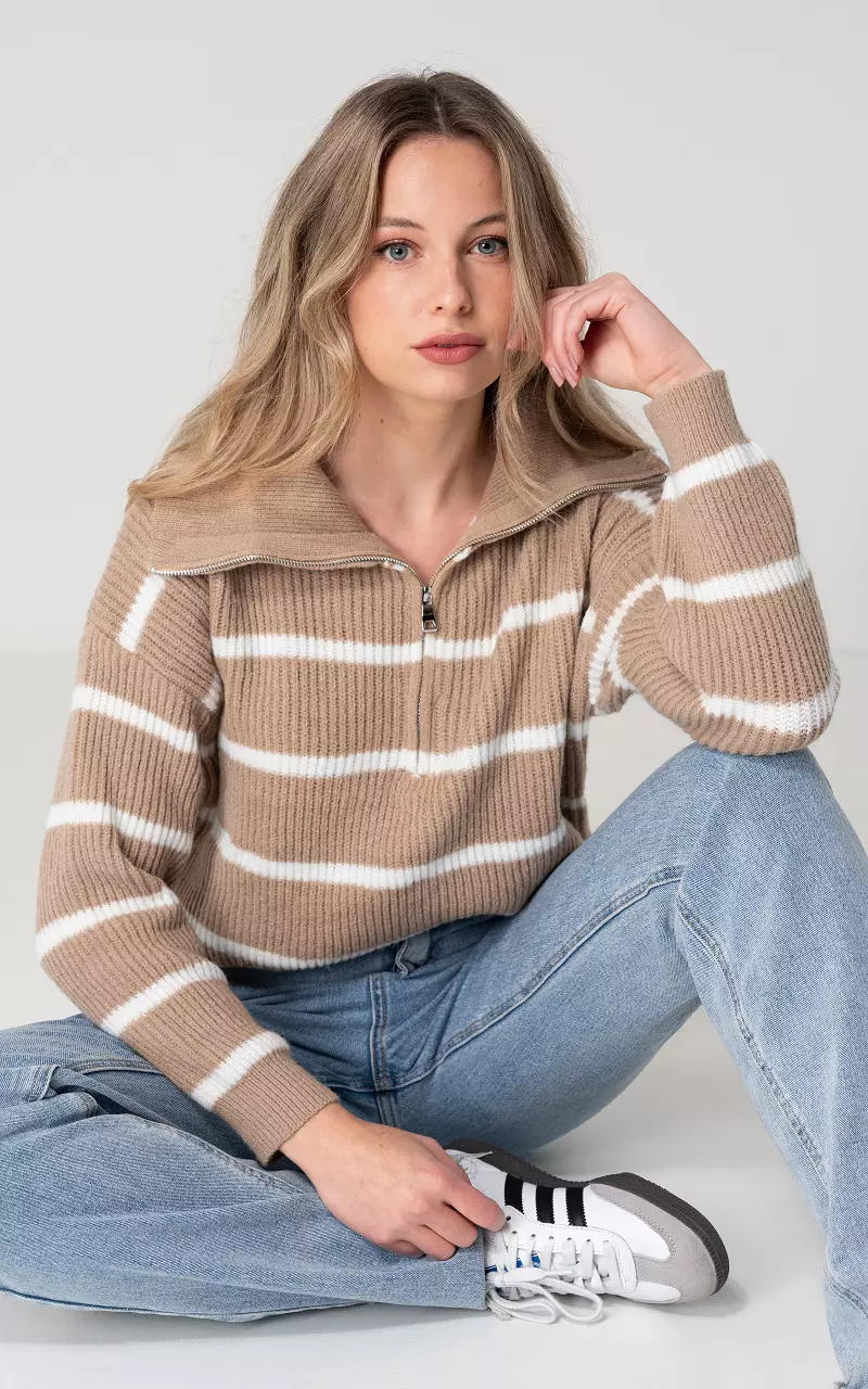Turtleneck sweater with half zip Light Brown White