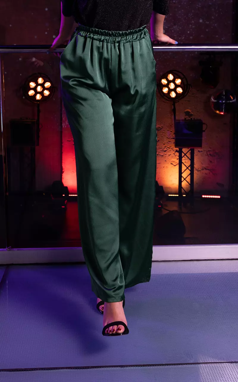 Satin-look pants with elastic band Dark Green