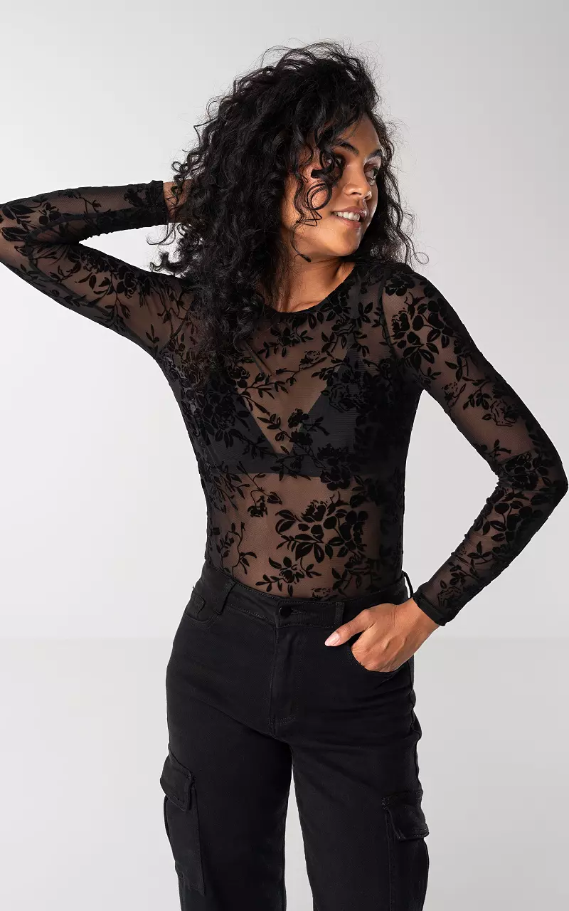 See-through top with round neck Black