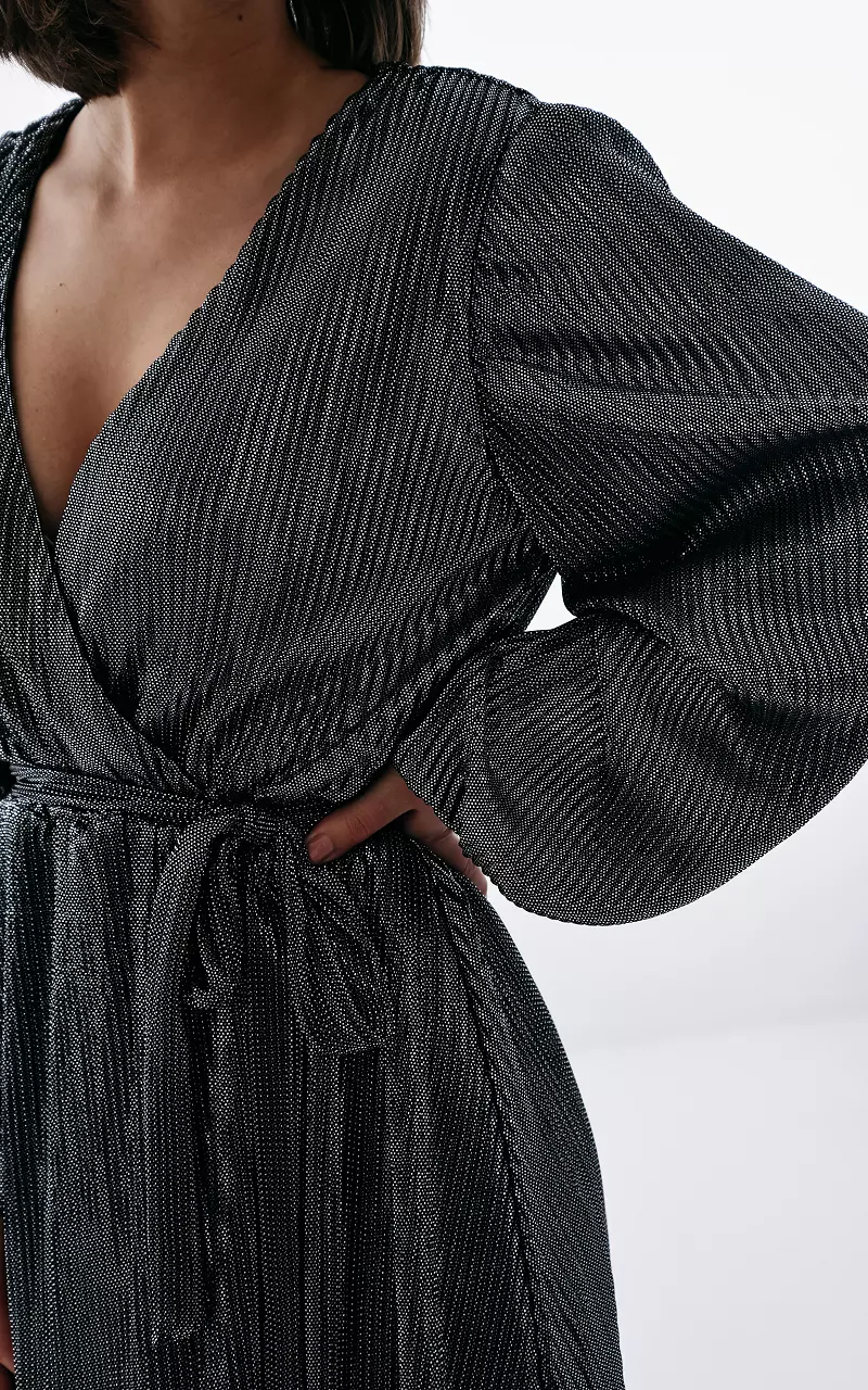 Metallic plissé jurk met strikdetail Zilver Zwart