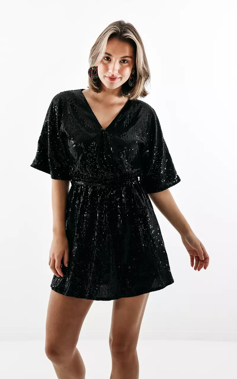 Kleid mit V-Ausschnitt und Pailletten Schwarz Schwarz