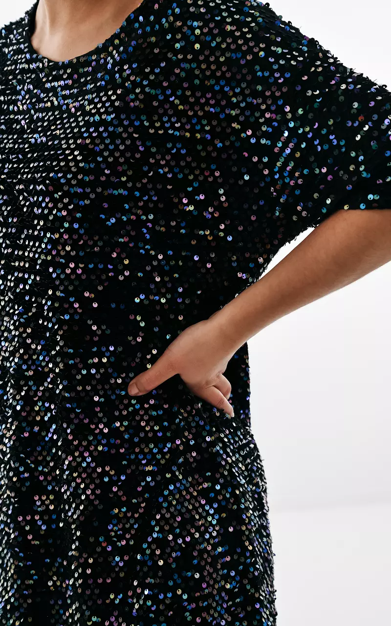 Sequin dress with round neck Black Multicolor