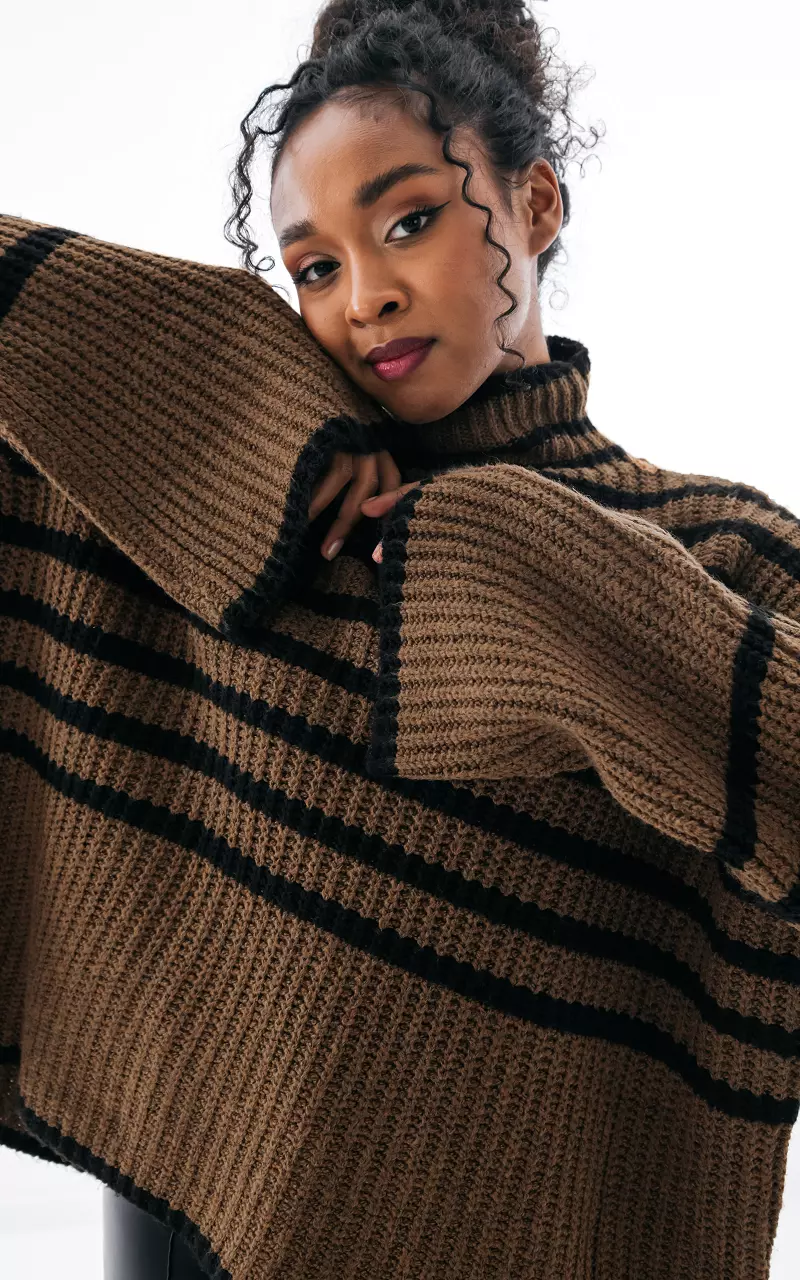 Chunky knit turtleneck sweater Brown Black