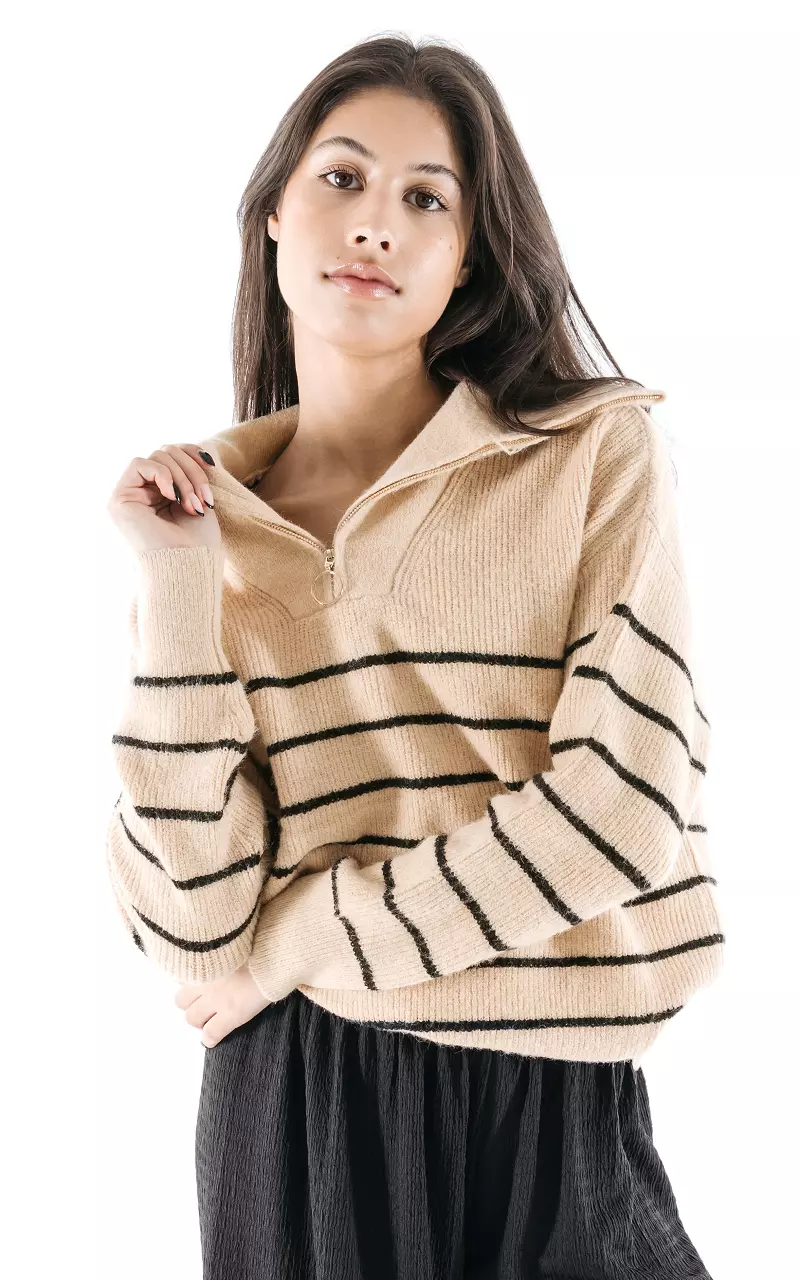 Striped sweater with half-zip Light Brown Black