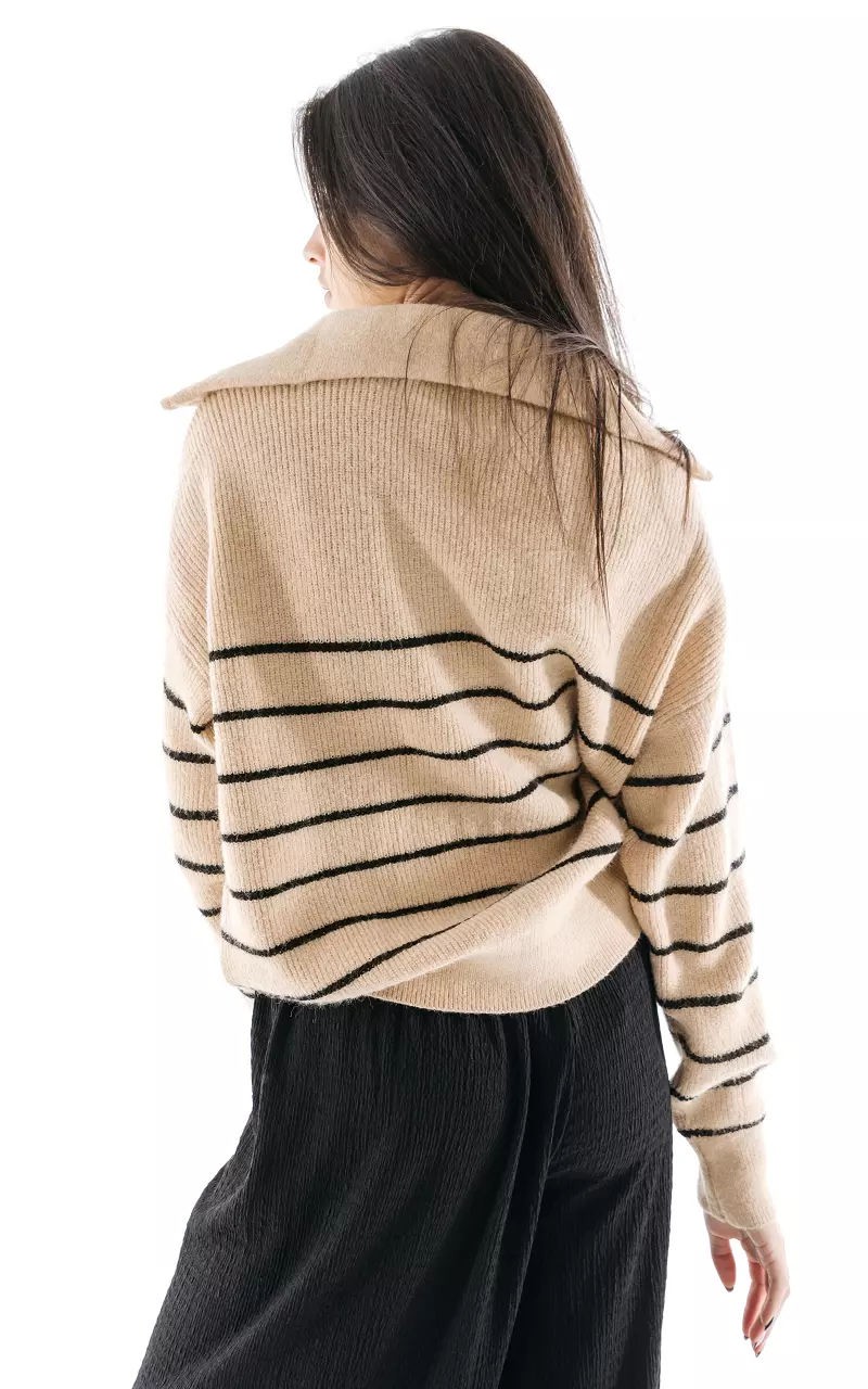 Striped sweater with half-zip Light Brown Black