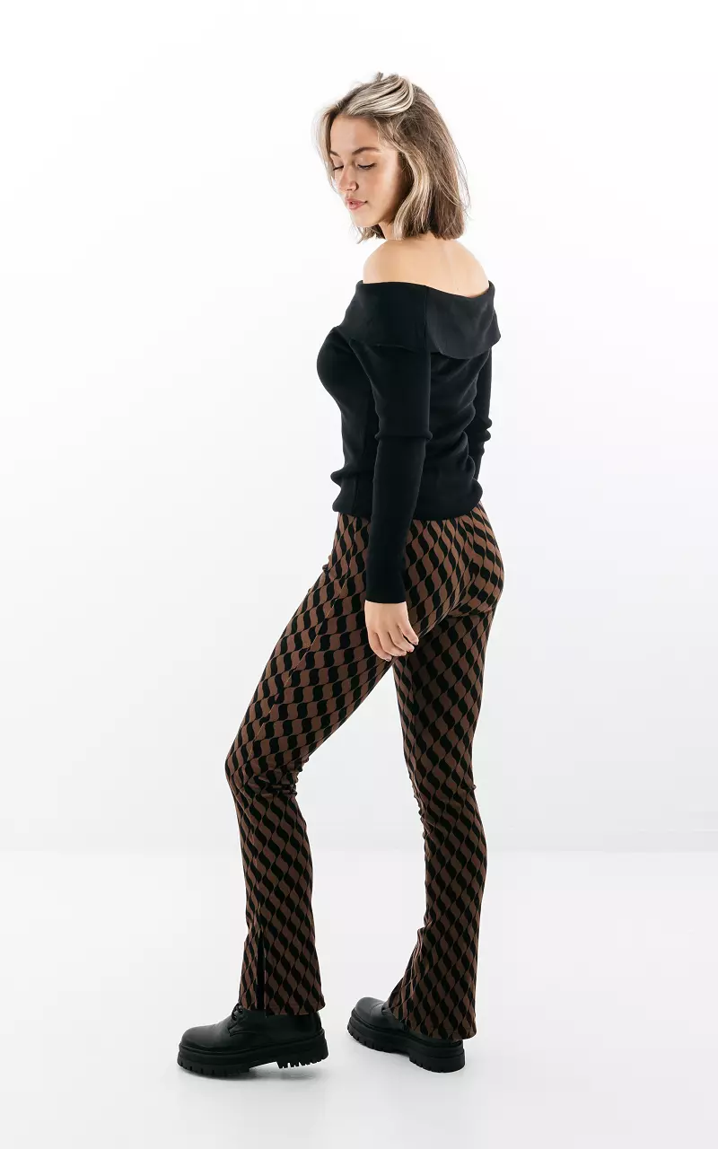 Flared broek met patroon en split Bruin Zwart