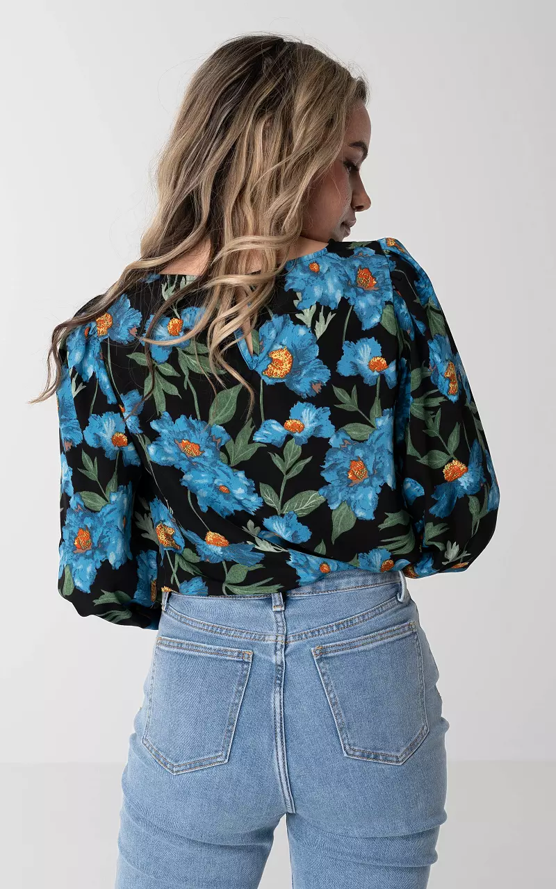 Floral print top with balloon sleeves Black Blue