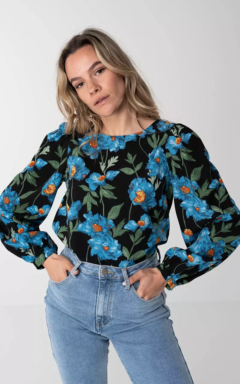 Floral print top with balloon sleeves Black Blue