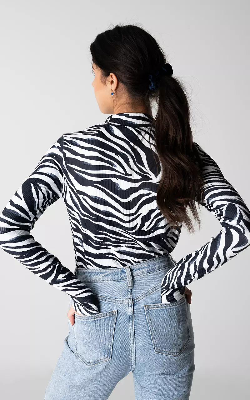 Zebra print top met hoge nek Zwart Wit