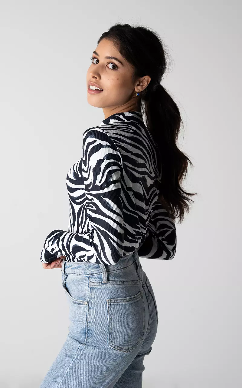 Zebra print top with high neck Black White