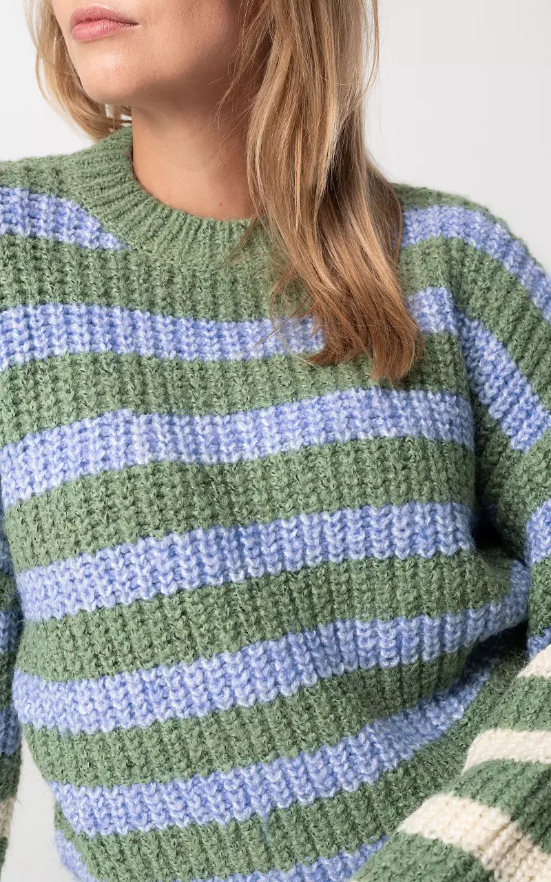 Striped sweater with round neck Green Light Blue