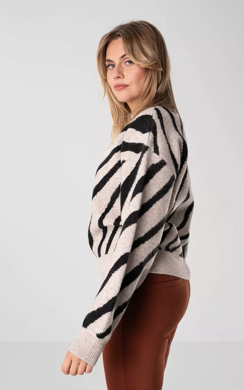 Zebra print sweater with round neck Taupe Black