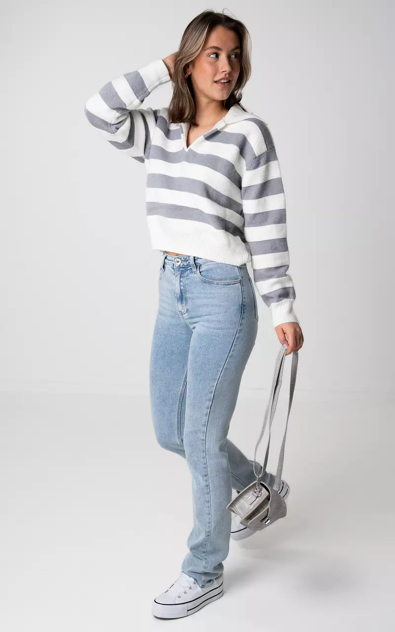 V-neck sweater with stripes White Grey