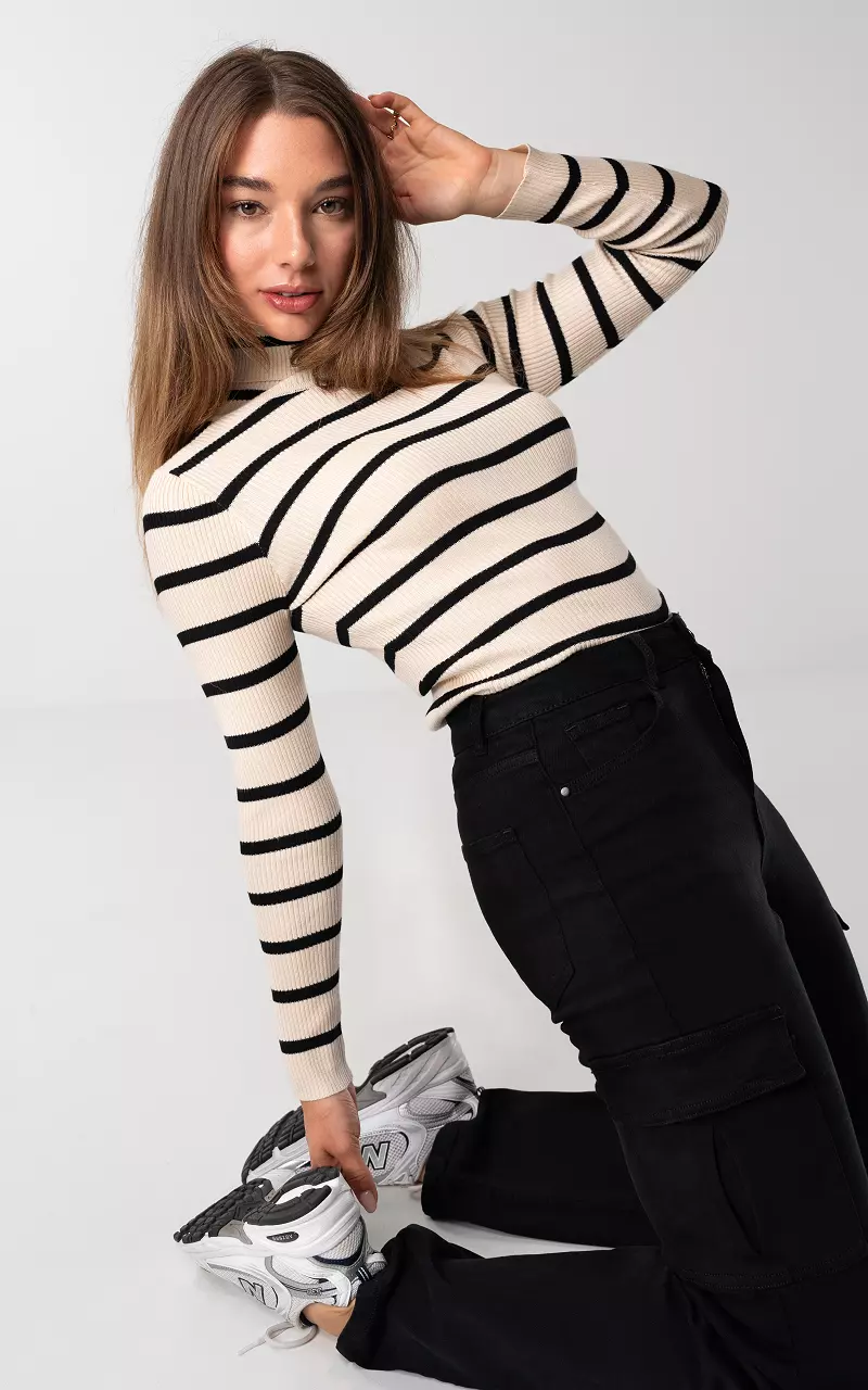 Ribbed turtleneck sweater with stripes Beige Black