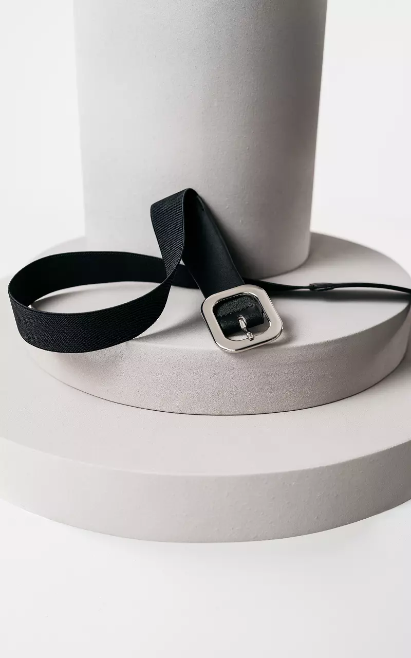 Stretchy belt with square clasp Black Silver