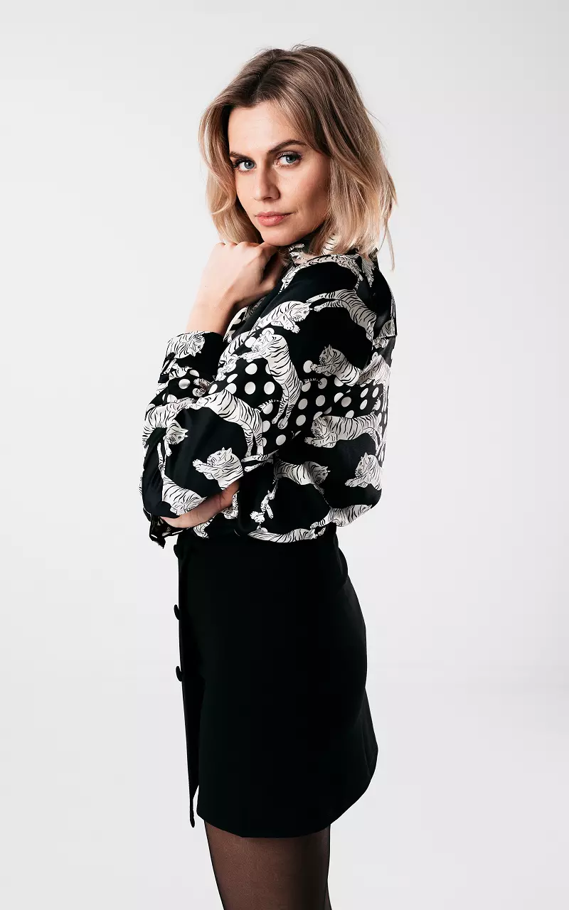 Satin-look blouse met print Zwart Wit