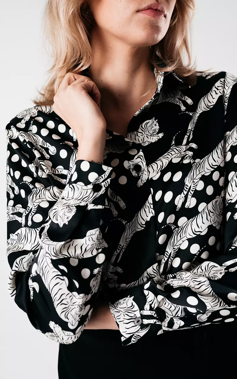 Satin-look blouse met print Zwart Wit